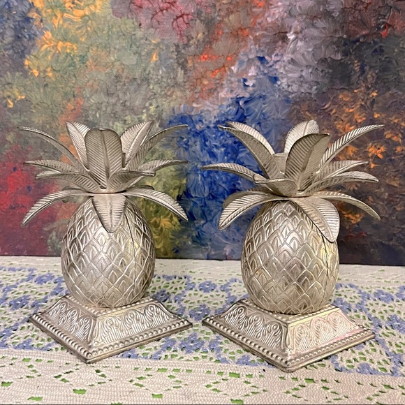 VTG Silver-tone Metal Weighted Pineapple Candleholders